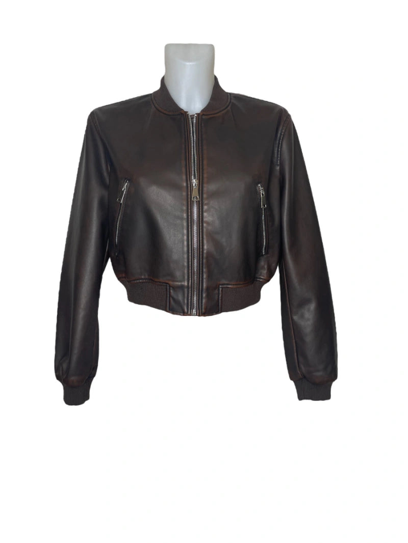 Leather teddy jacket with silver zips