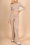 Long sleeve lace-up back top and flared pants set, sporty chic style