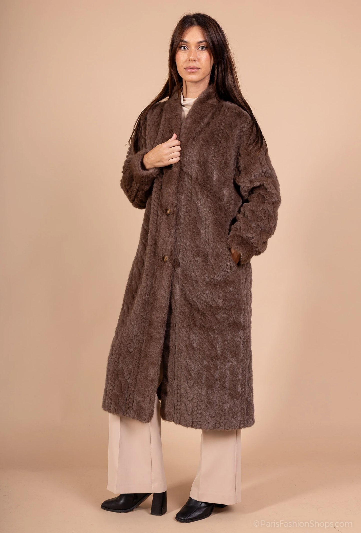 Long twisted faux fur coat – single-breasted
