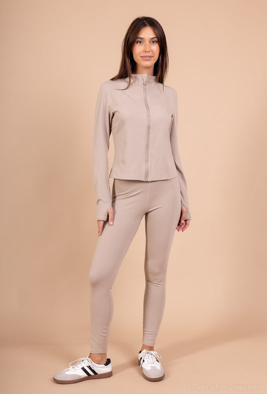 2-piece sports set – Zip-up high neck top + high-waisted leggings – Second-skin fit