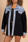 Oversized mixed-material jacket with contrasting panels