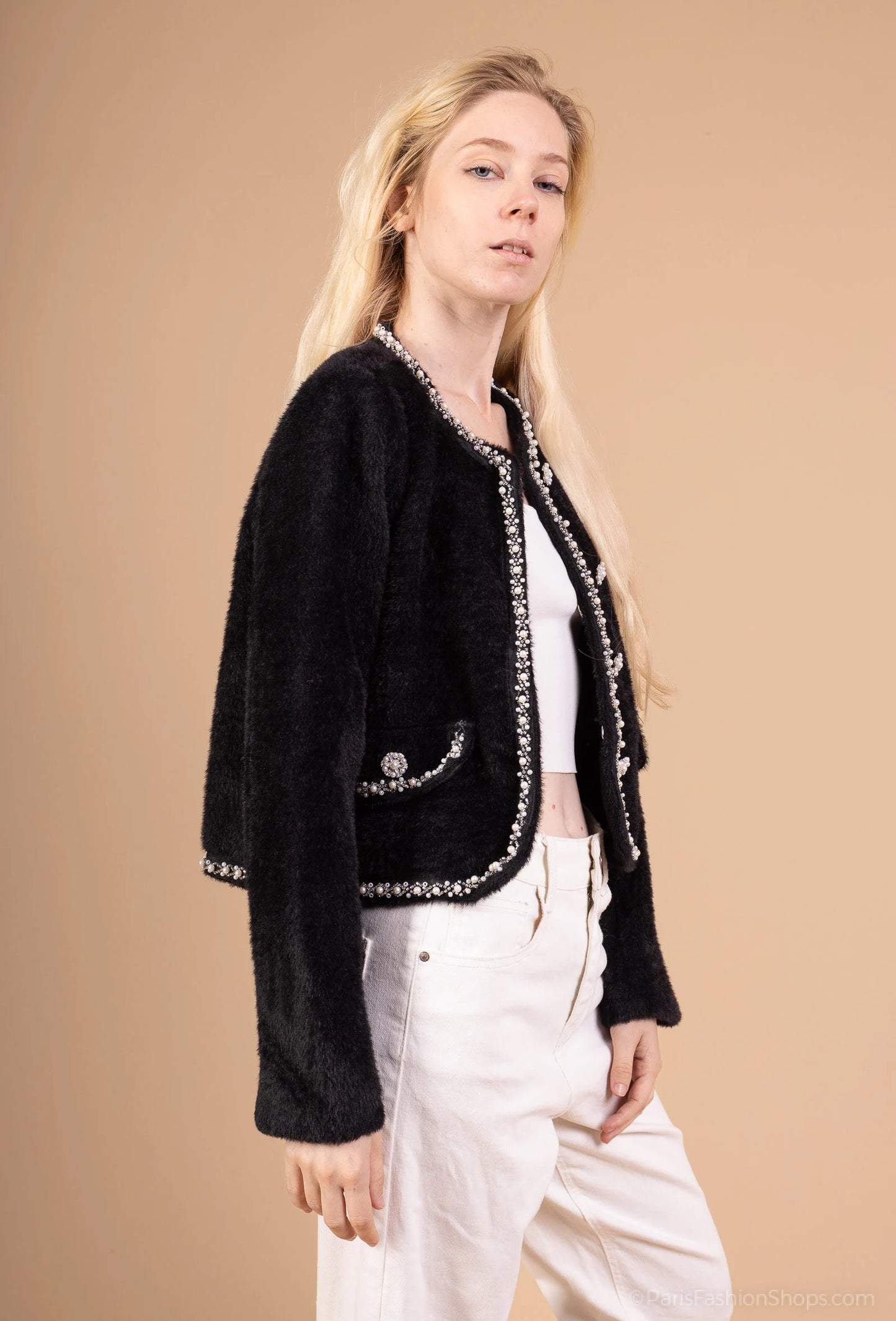 Structured cropped jacket with jewel buttons – refined couture spirit