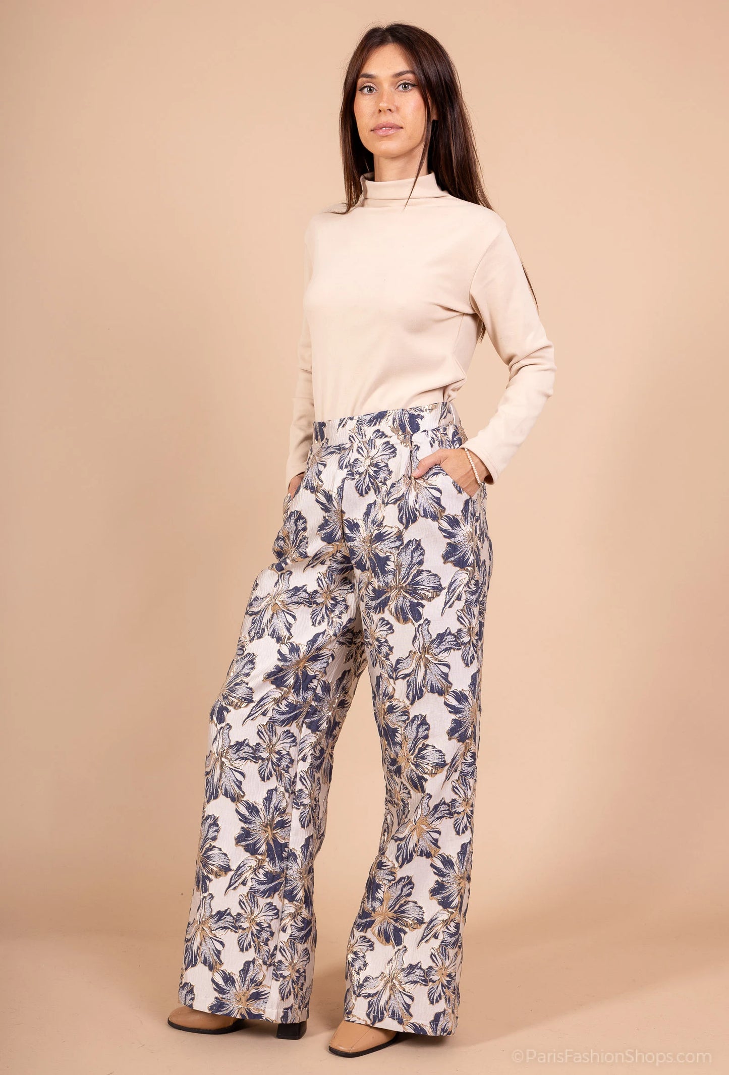 PALOMA – Flowing jacquard floral trousers