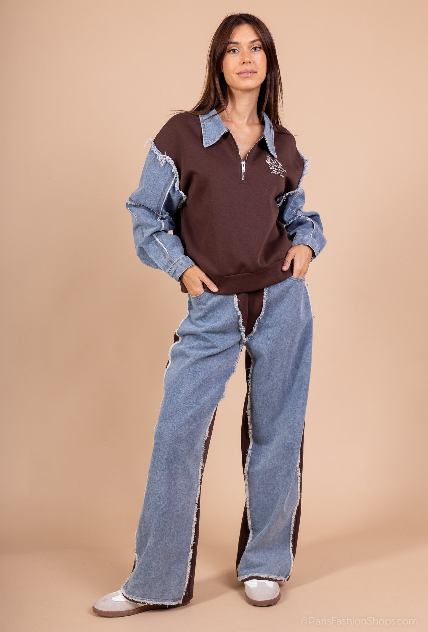 Casual 2-piece set – Embroidered zip-up sweatshirt with shirt collar + jogger pants with frayed denim patches