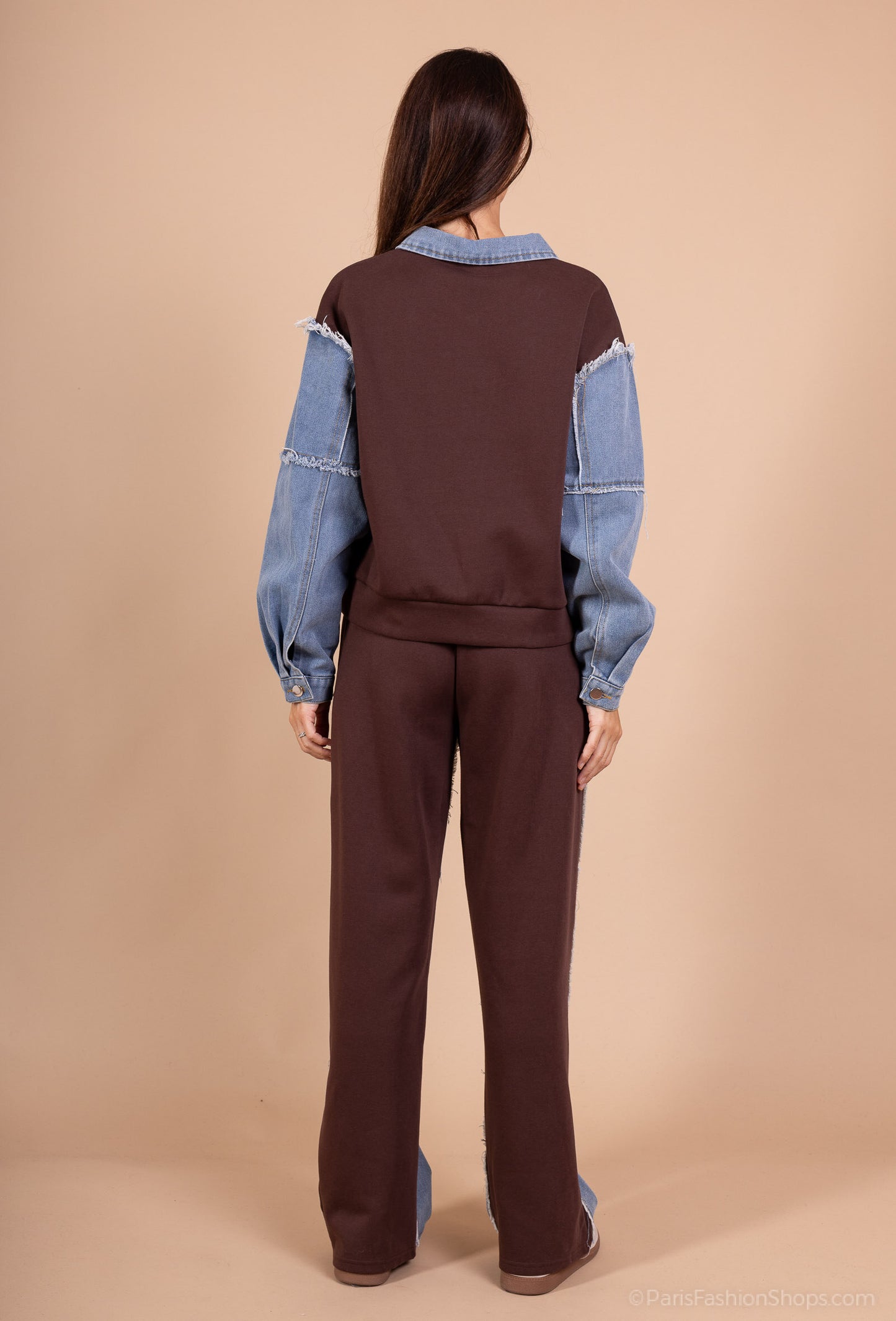 Casual 2-piece set – Embroidered zip-up sweatshirt with shirt collar + jogger pants with frayed denim patches