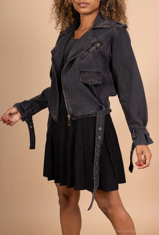 Denim biker jacket with belt and asymmetric zip, rock chic style