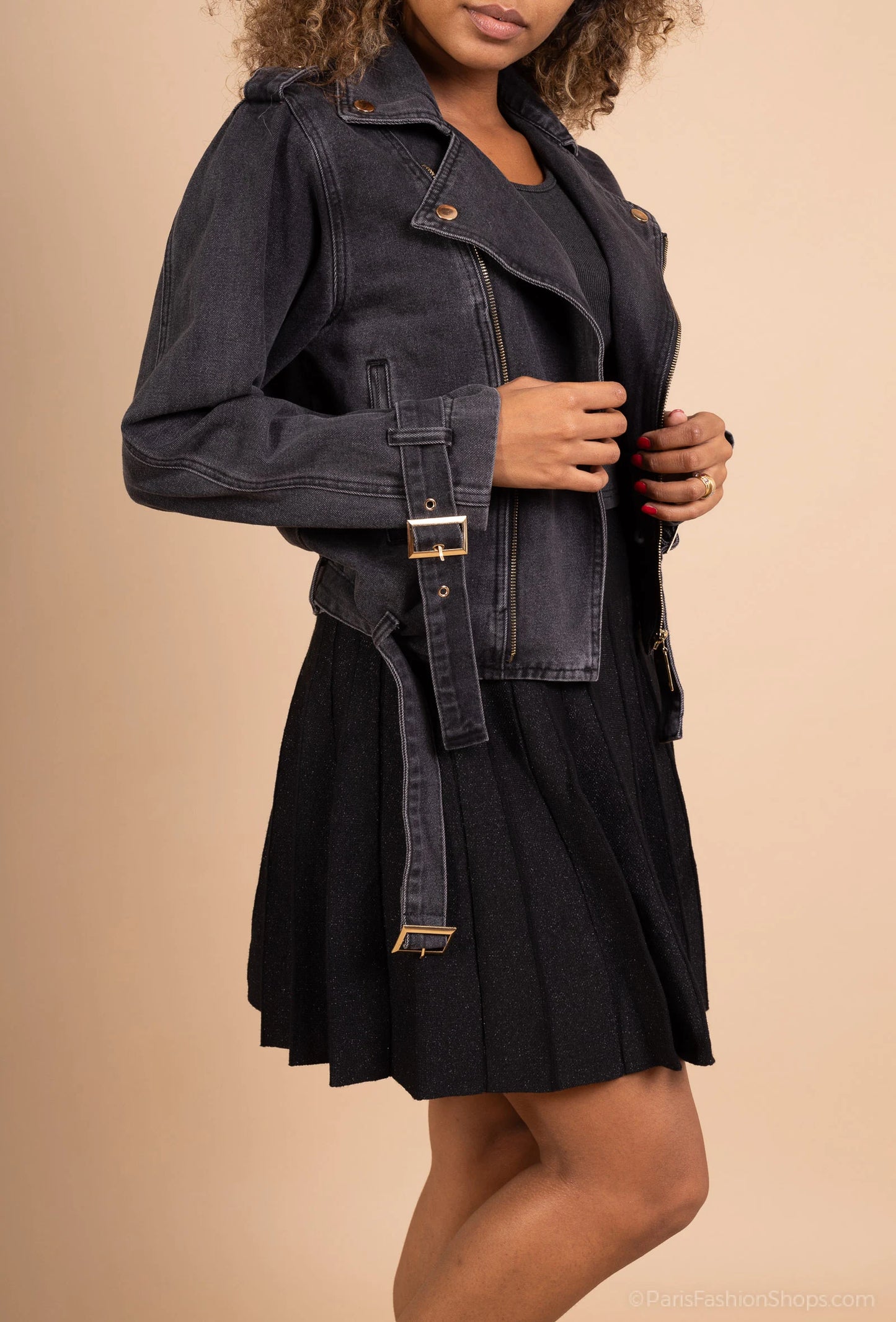 Denim biker jacket with belt and asymmetric zip, rock chic style