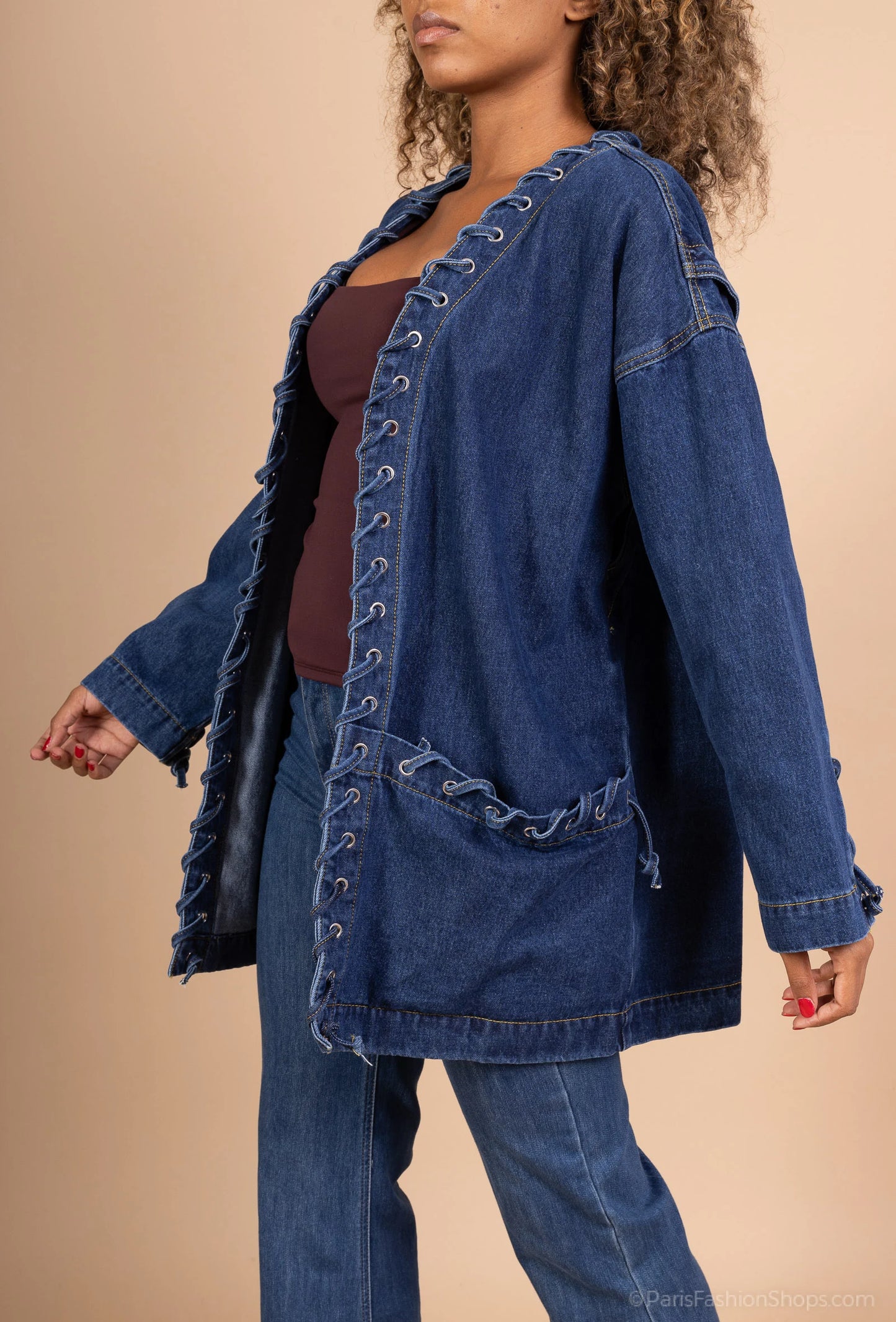 Denim jacket with decorative lacing, trendy relaxed fit