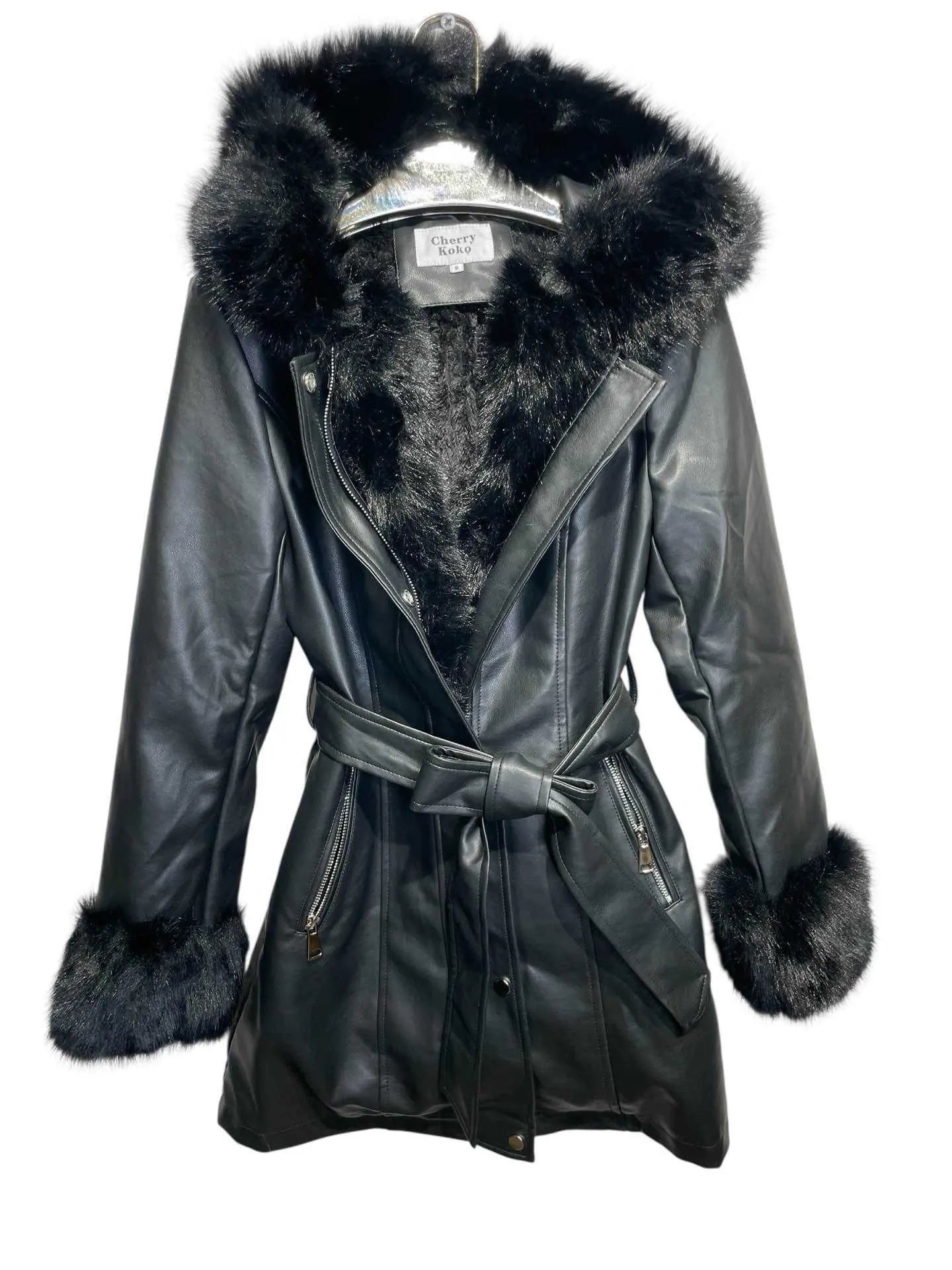 ALYSSA – Long faux leather coat with faux fur-trimmed hood