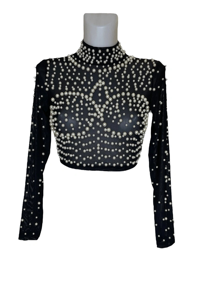 ALYSSA – Short long-sleeve top embellished with pearls