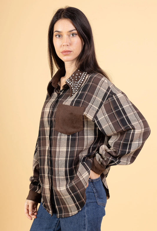ARLENE - Oversized plaid shirt with rhinestone collar