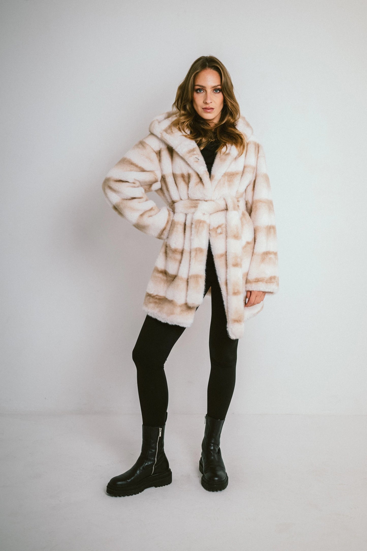 ASTORIA – Long hooded coat in striped faux fur