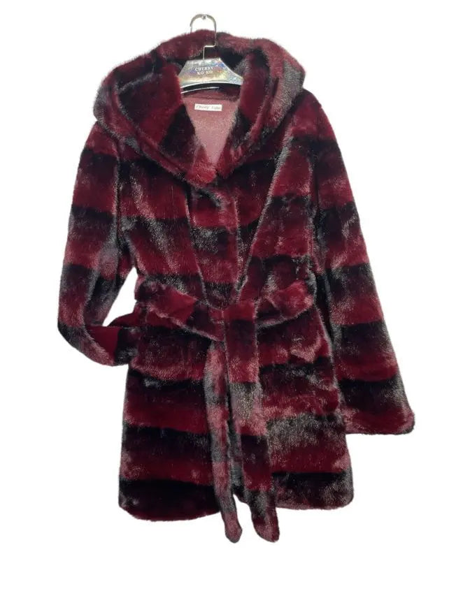 ASTORIA – Long hooded coat in striped faux fur