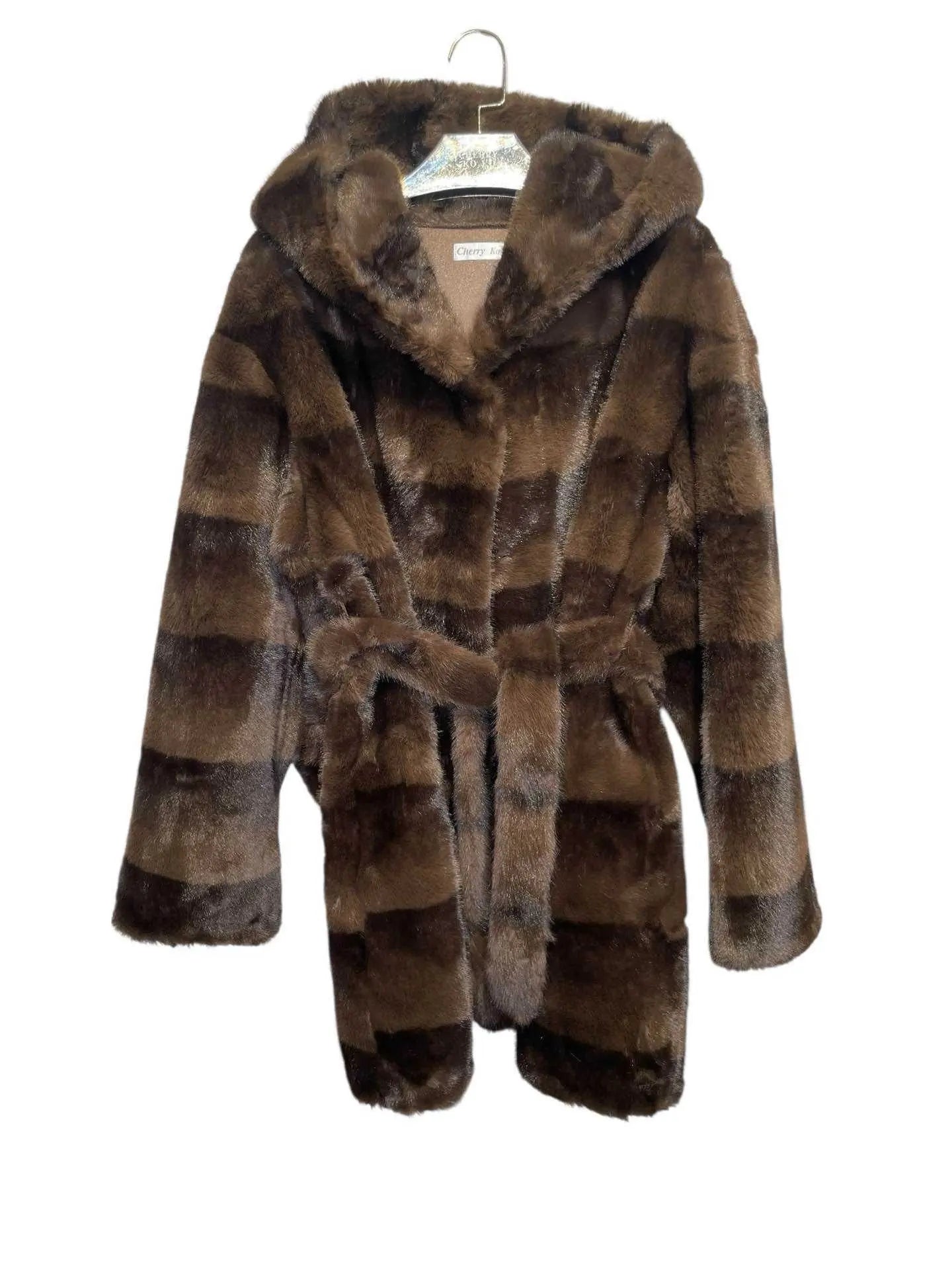 ASTORIA – Long hooded coat in striped faux fur