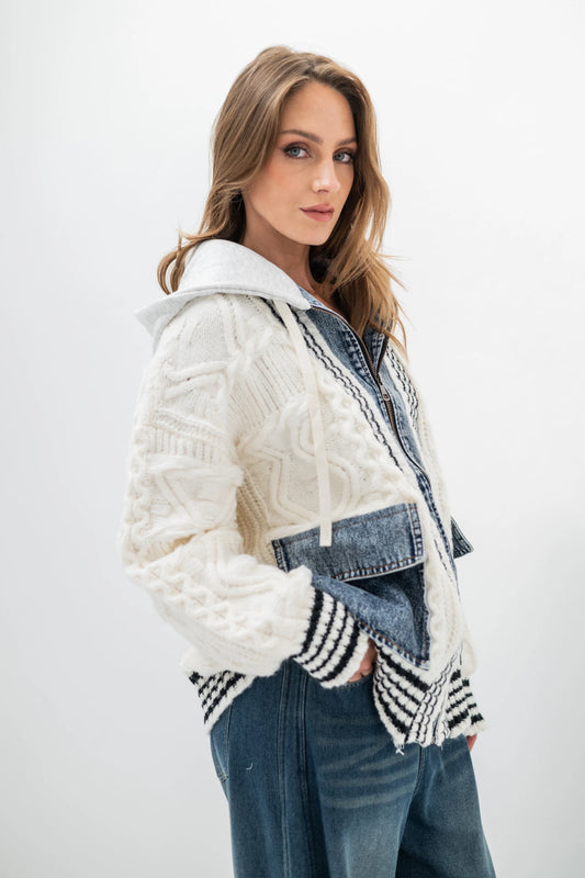AURA – Hybrid zip-up jacket in cable knit and denim