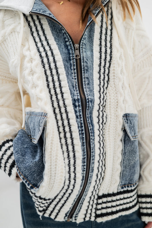 AURA – Hybrid zip-up jacket in cable knit and denim