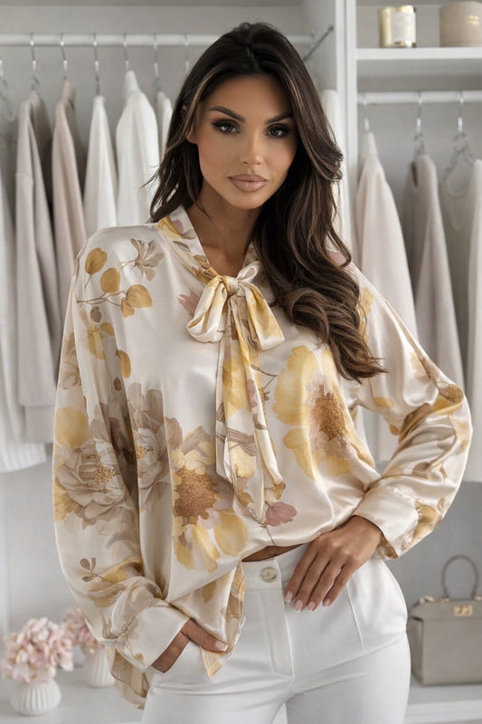 Floral print satin pussy-bow blouse