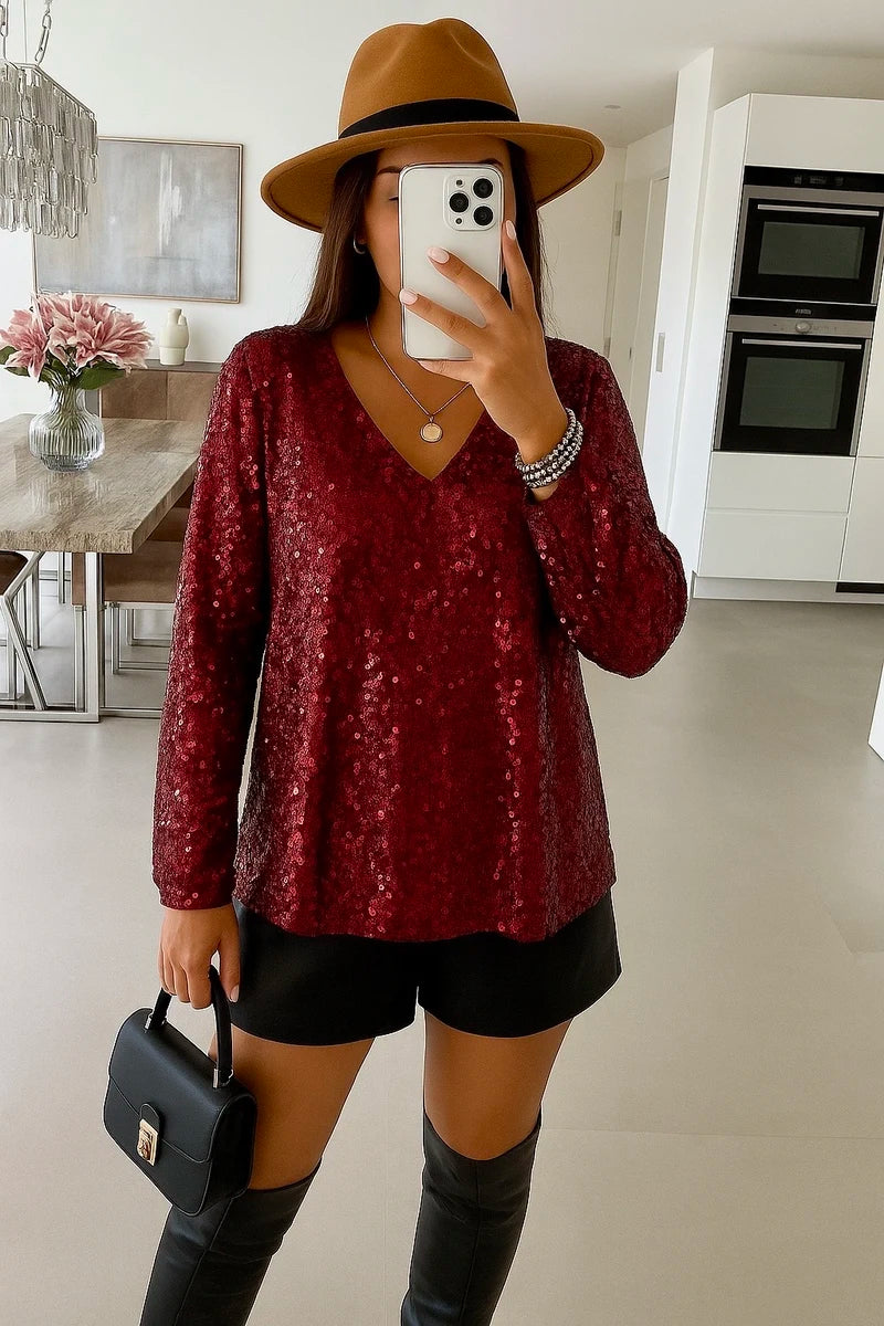 Long-sleeved sequin V-neck blouse