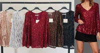 Long-sleeved sequin V-neck blouse