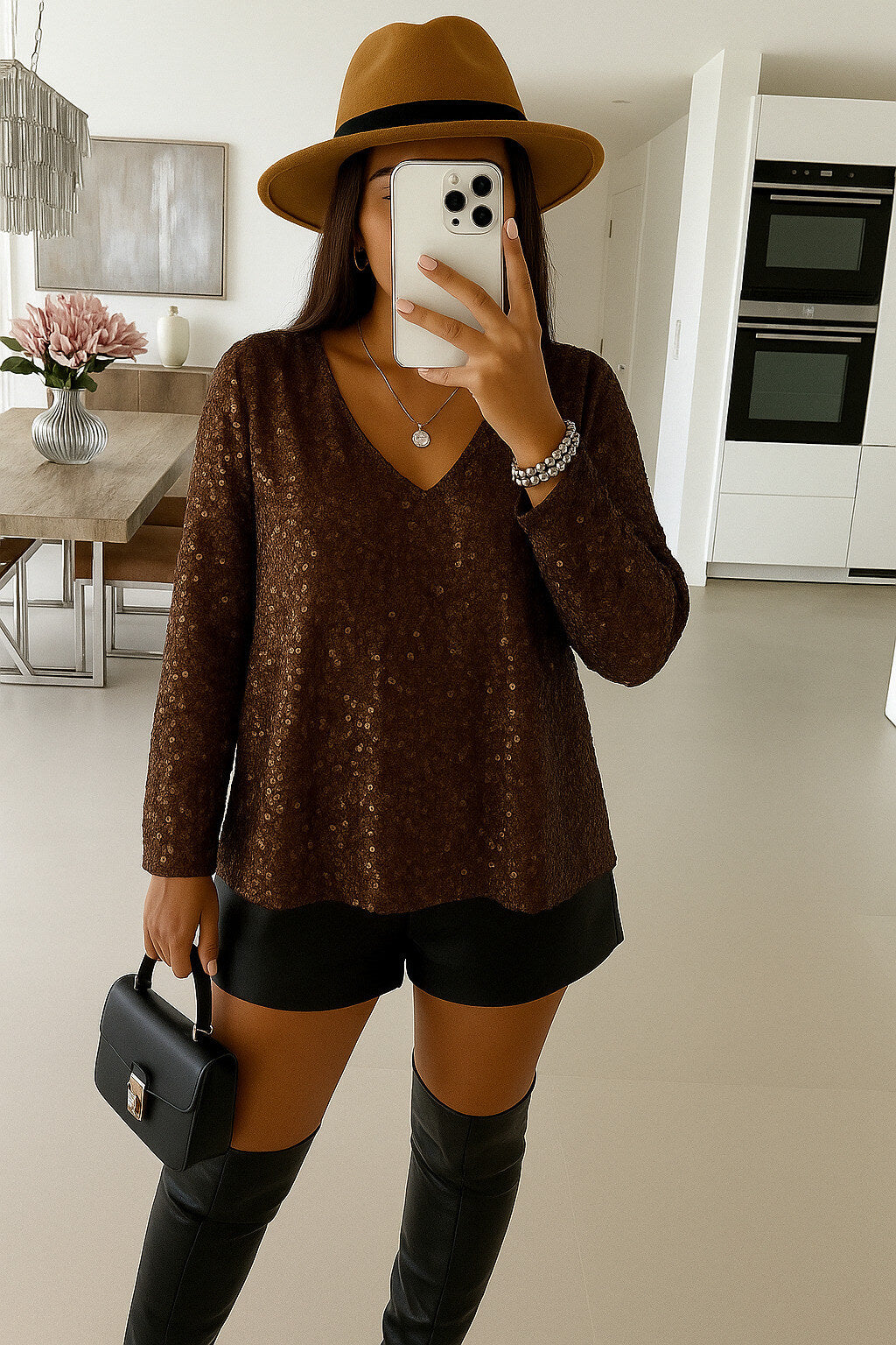 Long-sleeved sequin V-neck blouse