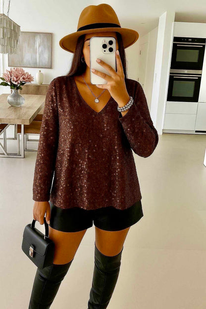Long-sleeved sequin V-neck blouse