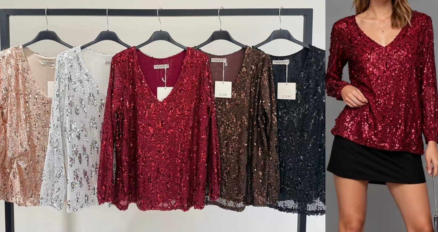 Long-sleeved sequin V-neck blouse