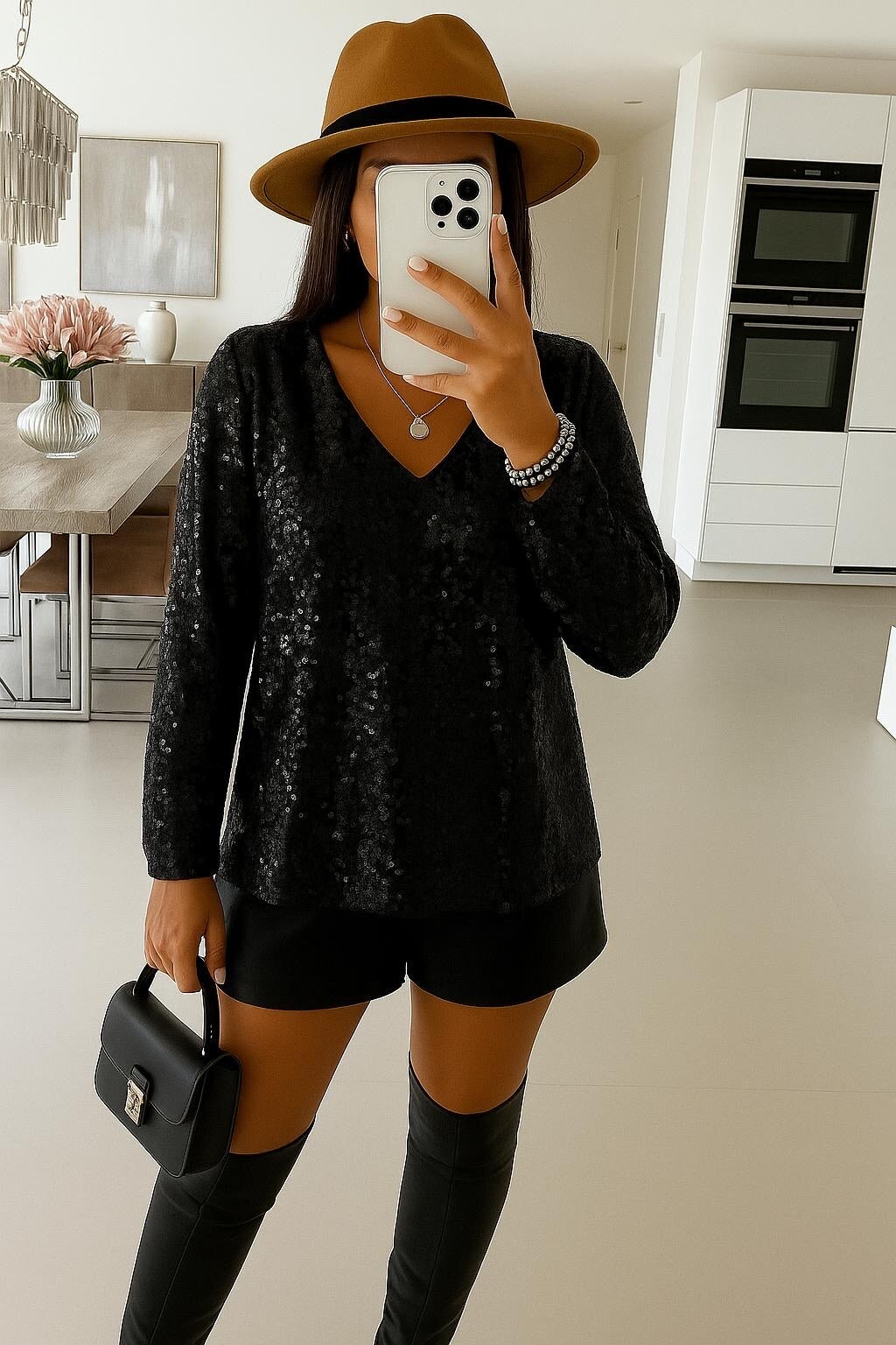 Long-sleeved sequin V-neck blouse