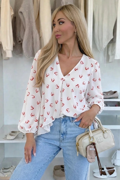 V-neck heart-print ruffled blouse with viscose lining