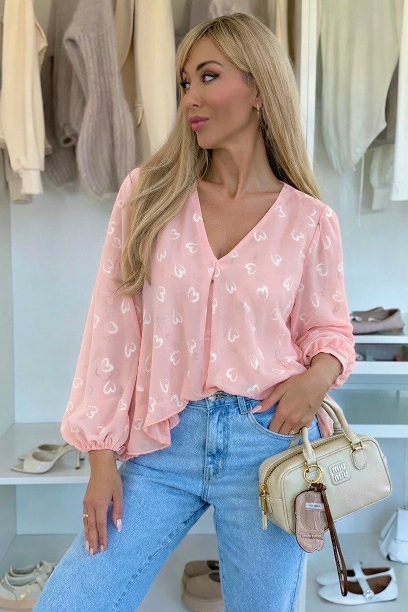 V-neck heart-print ruffled blouse with viscose lining