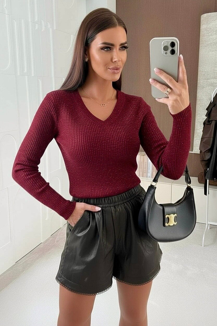 Shiny V-neck long sleeve top
