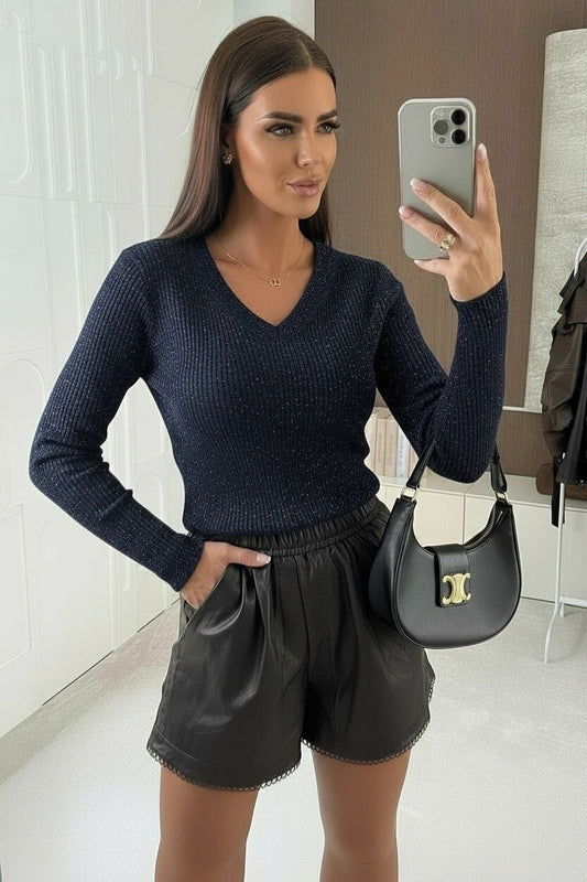 Shiny V-neck long sleeve top