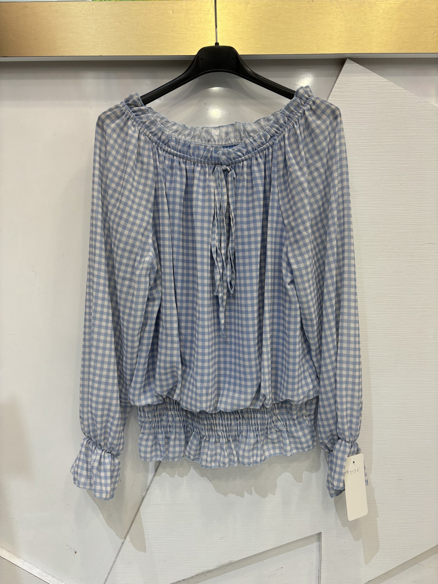 Check print off-the-shoulder blouse with viscose lining