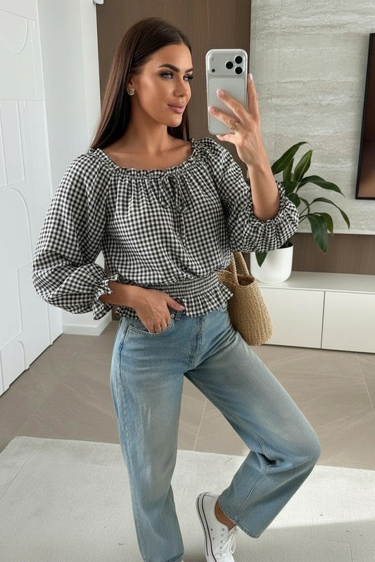 Check print off-the-shoulder blouse with viscose lining