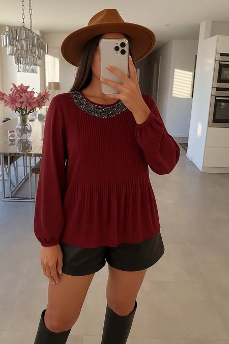 Long-sleeved sequin collar blouse