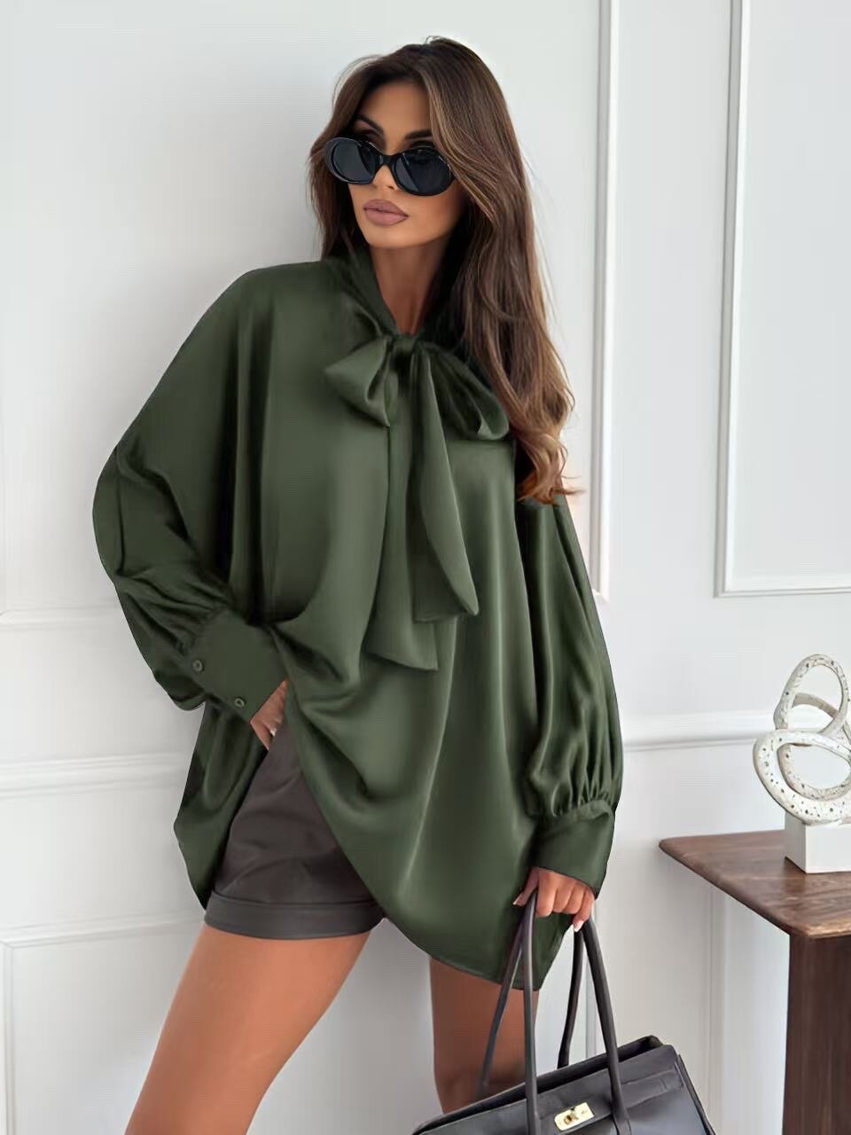 Satin blouse with pussy-bow collar