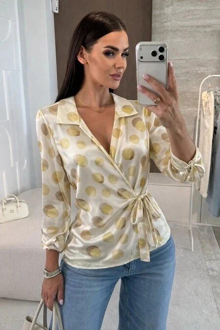 Polka dot wrap-around satin blouse