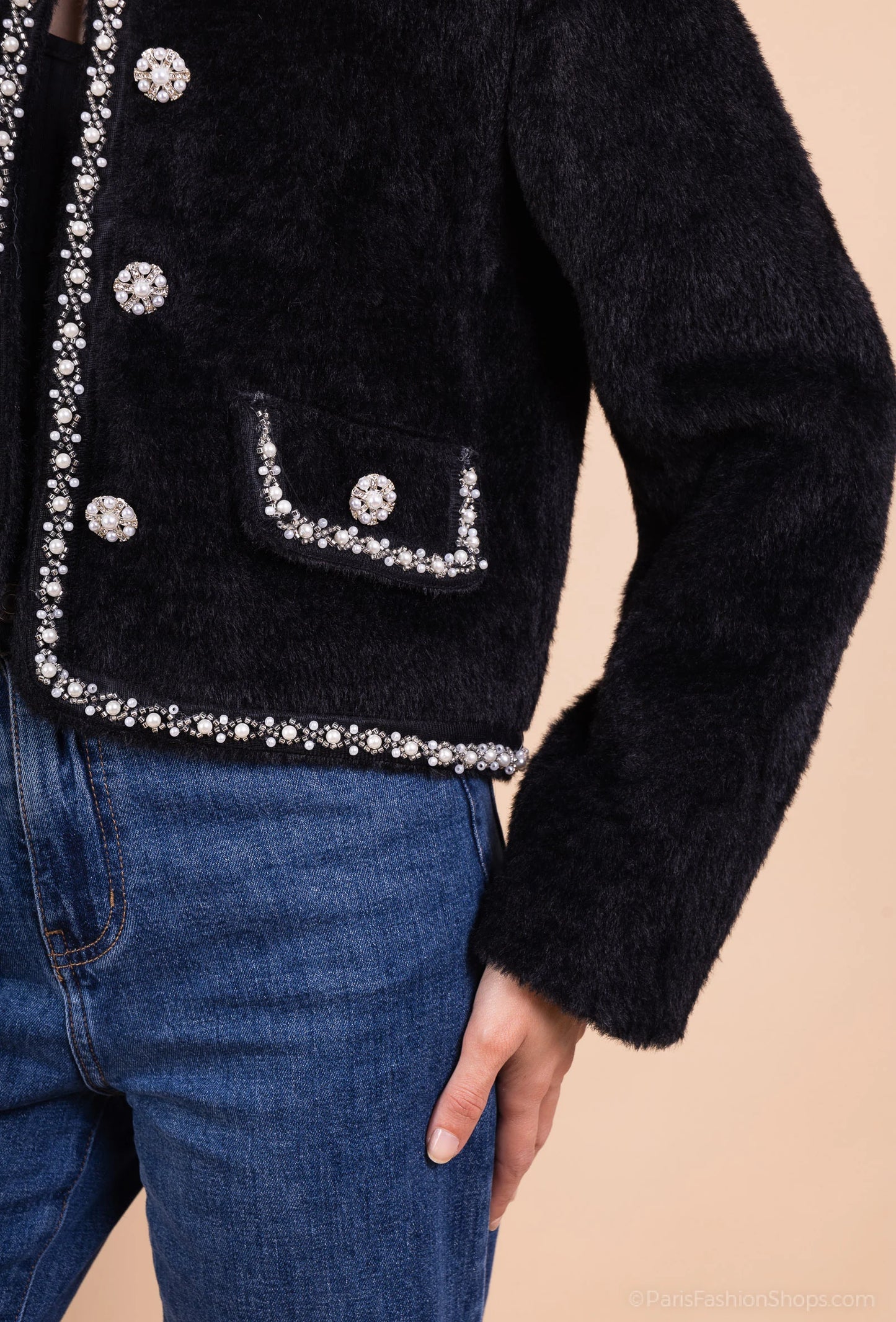 CELESTE – Elegant short jacket with pearls and jewel buttons