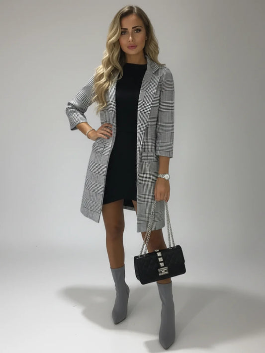 Womens Ladies Checkered Check Hound Tooth Tartan Duster Coat Jacket Blazer Top