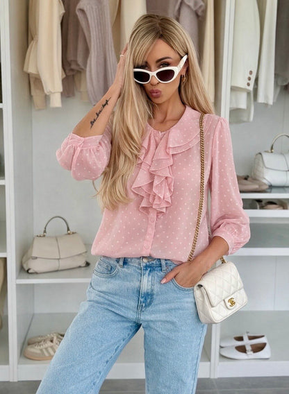 Ruffled shirt with polka dot print lining