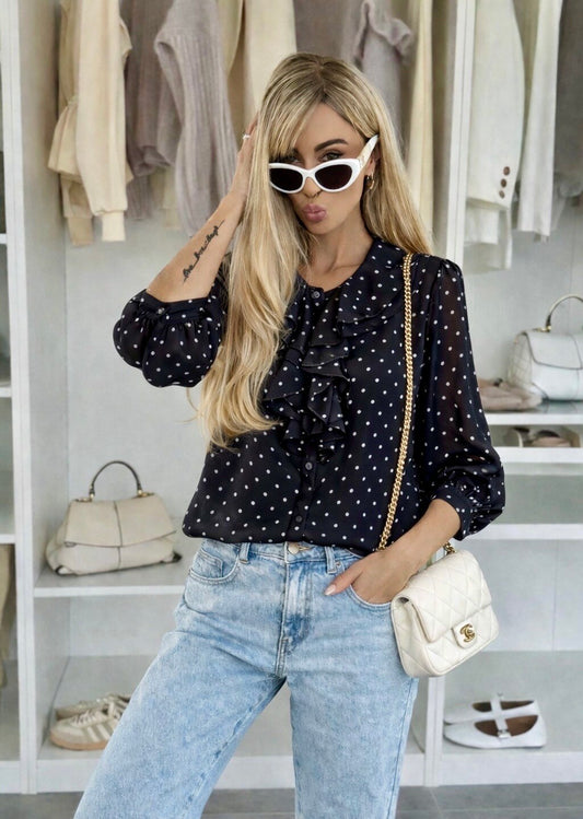 Ruffled shirt with polka dot print lining