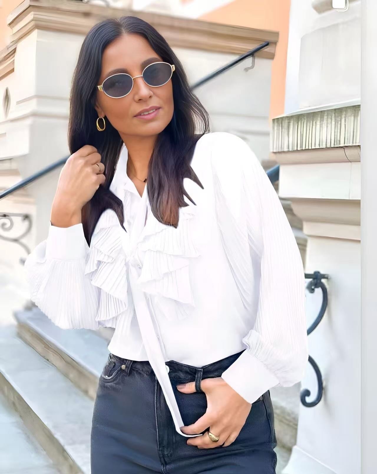 Pleated ruffled pussy-bow collar shirt