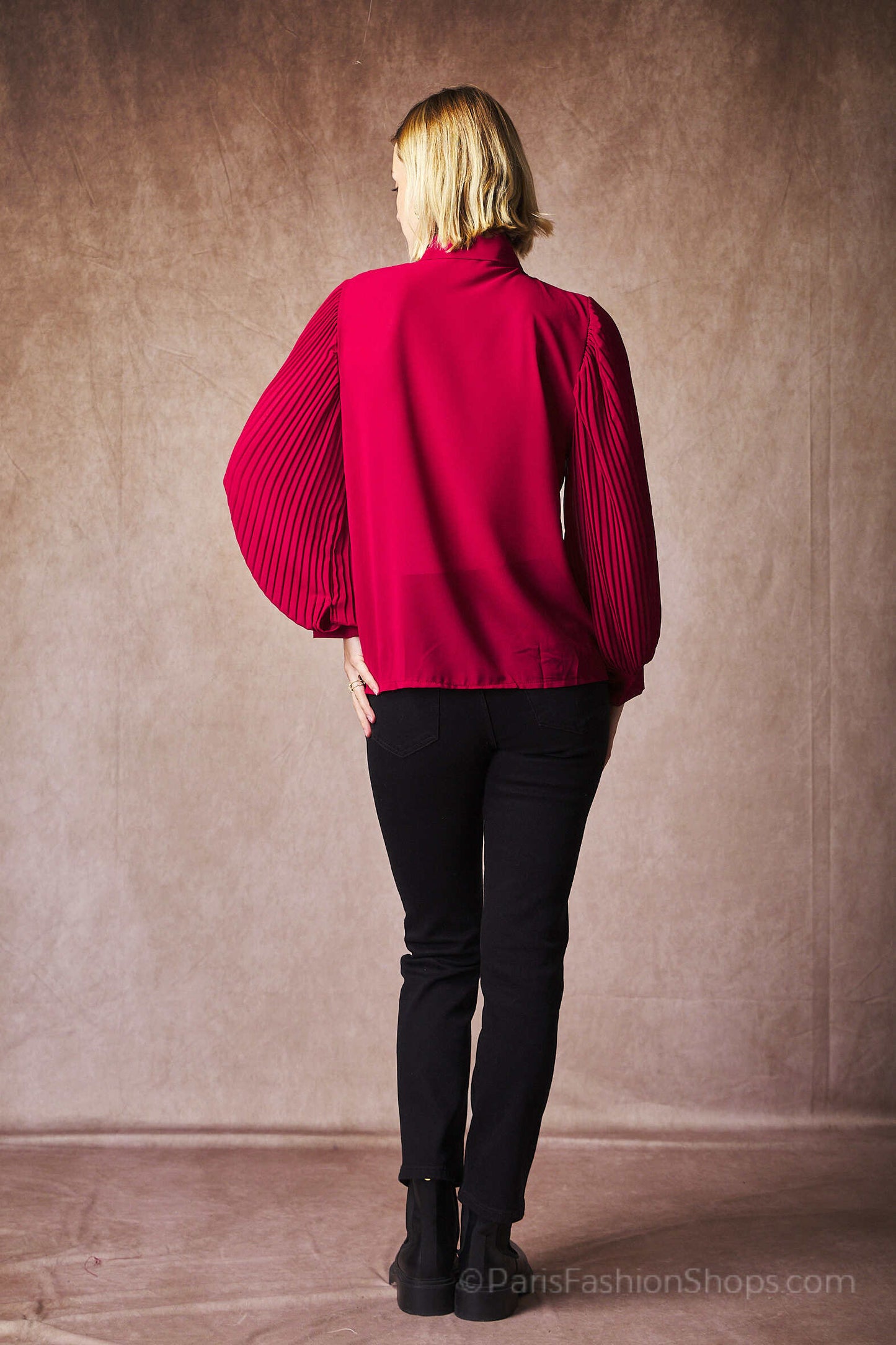 Pleated ruffled pussy-bow collar shirt