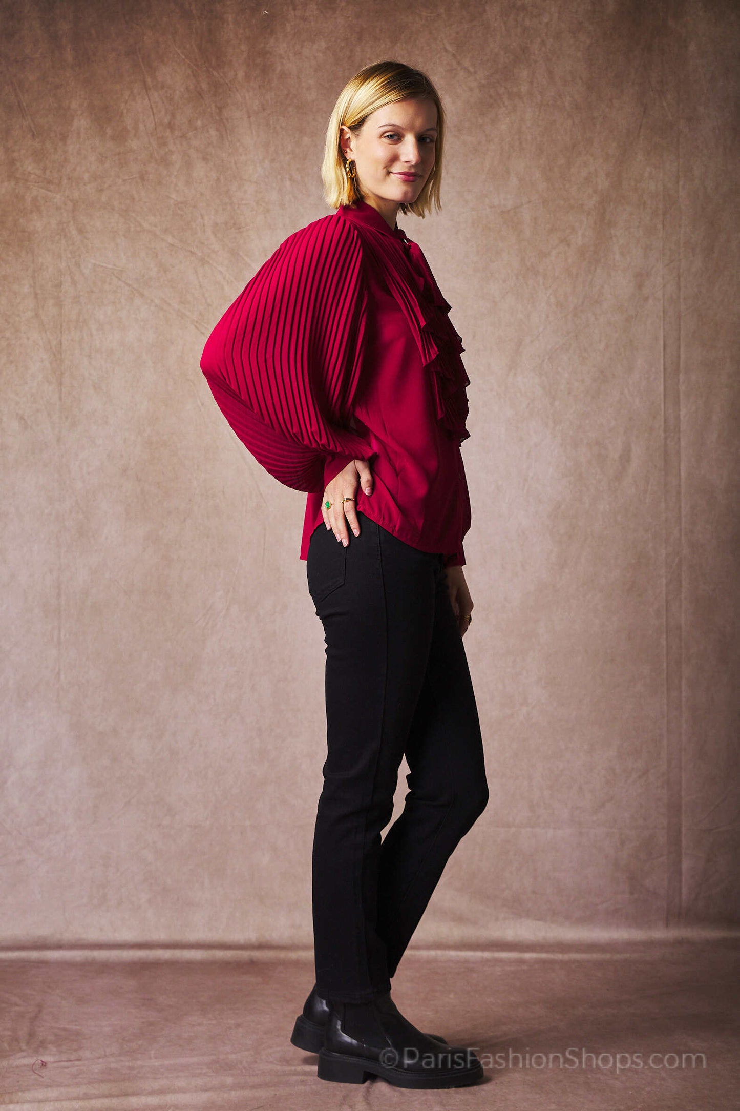 Pleated ruffled pussy-bow collar shirt