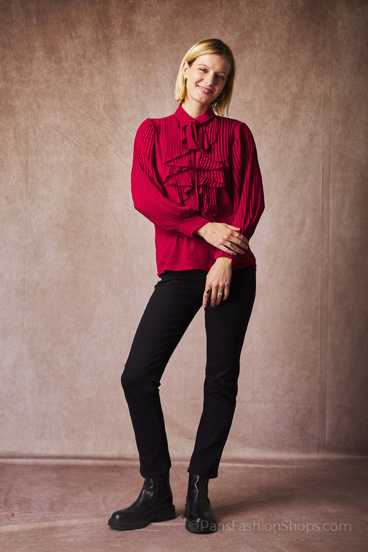 Pleated ruffled pussy-bow collar shirt