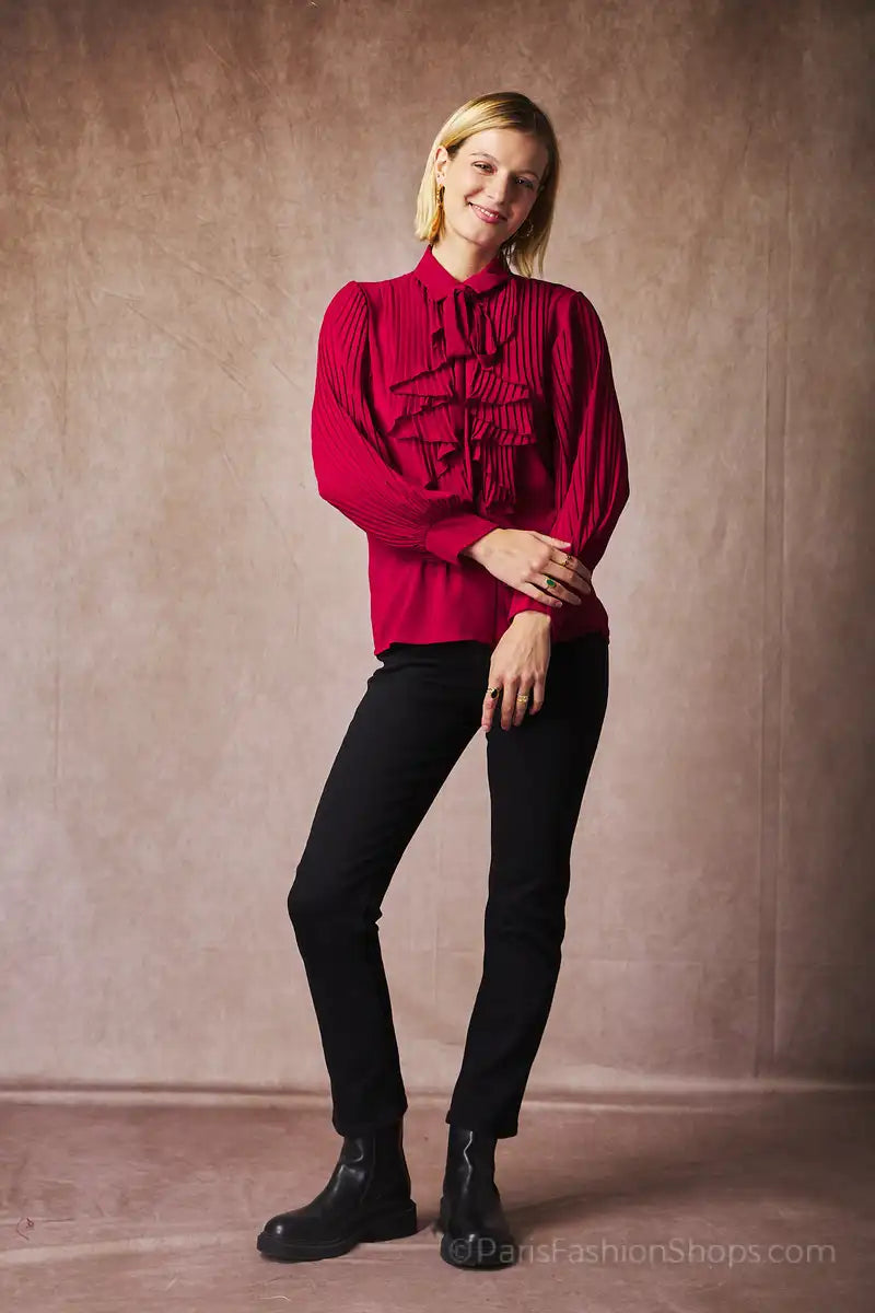 Pleated ruffled pussy-bow collar shirt