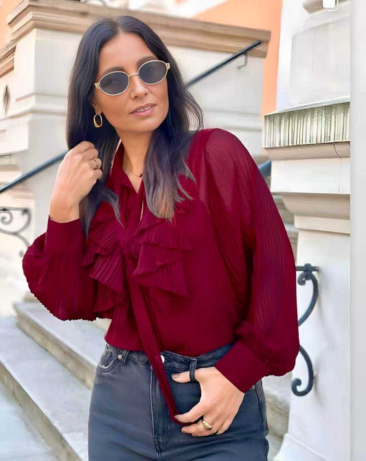 Pleated ruffled pussy-bow collar shirt