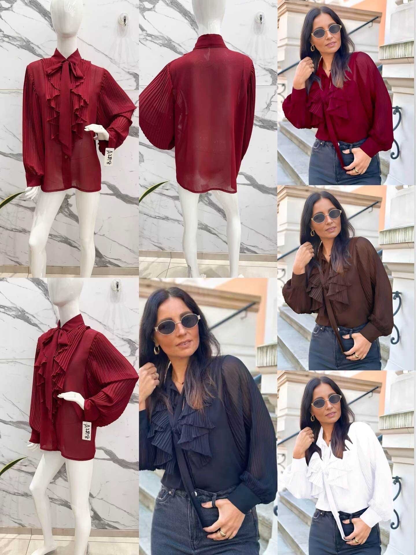 Pleated ruffled pussy-bow collar shirt