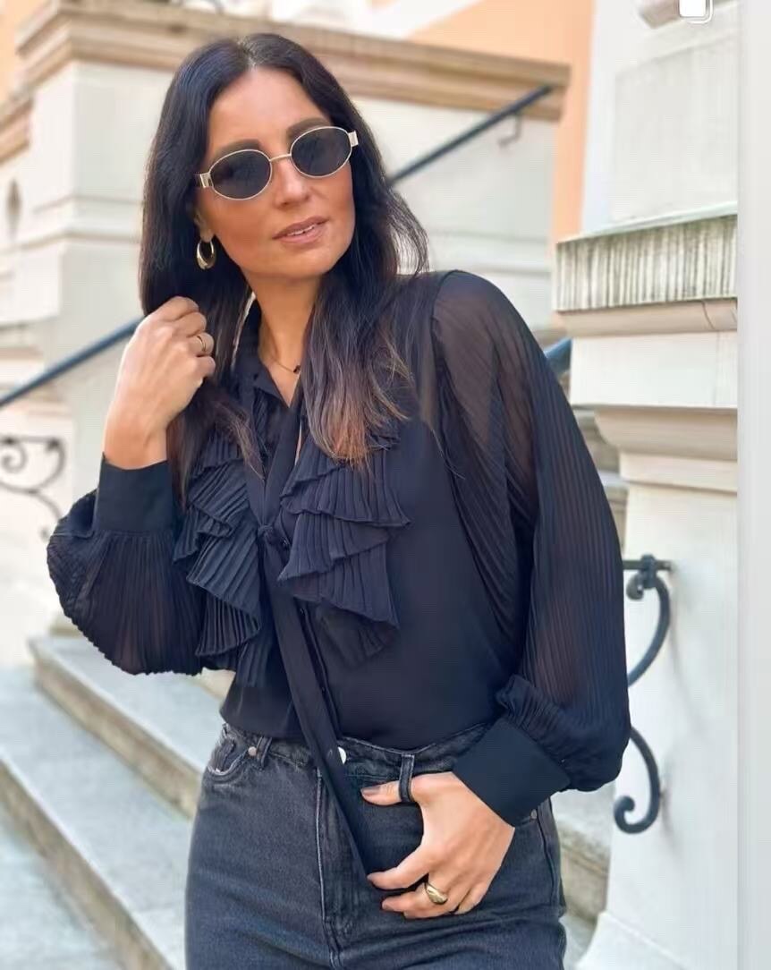 Pleated ruffled pussy-bow collar shirt