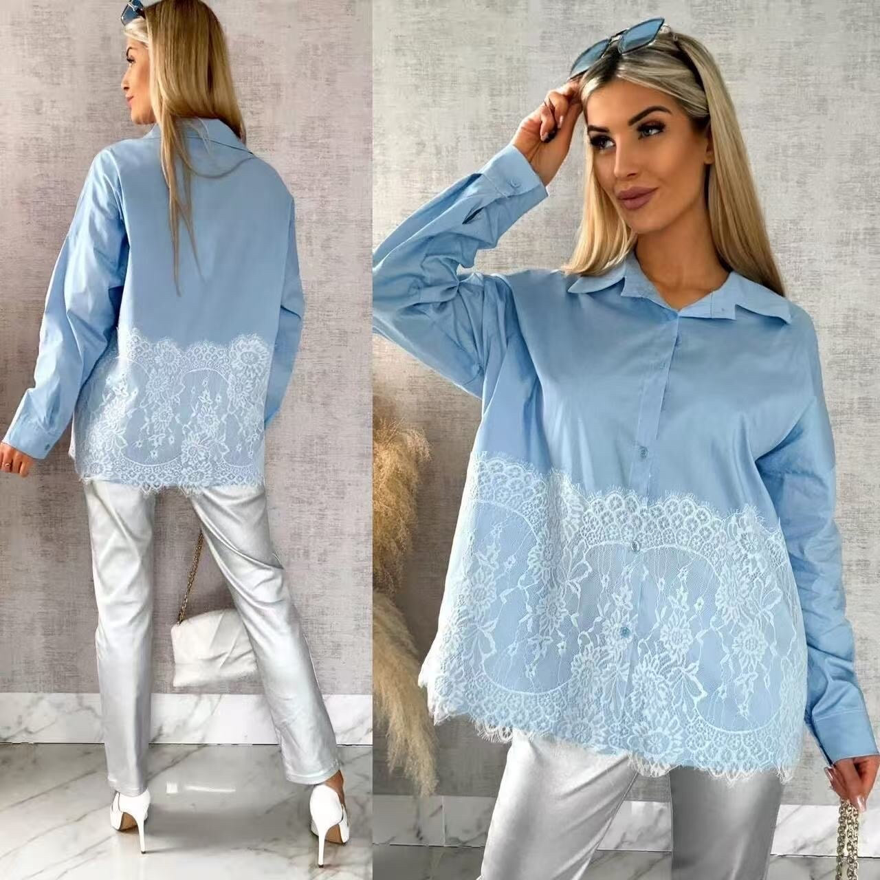 Cotton poplin shirt with lace detail