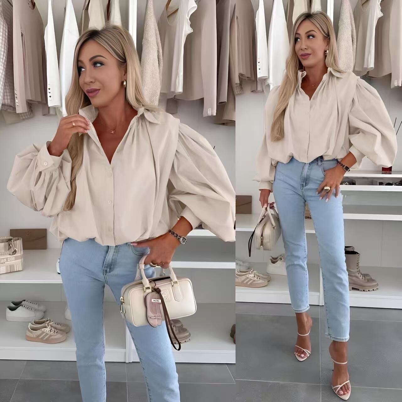 Cotton poplin puffing sleeves shirt